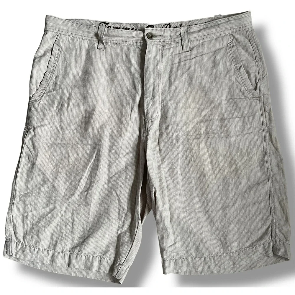 Tommy Bahama Mens 100% Linen Shorts Tan White Striped Flat Front Size 36